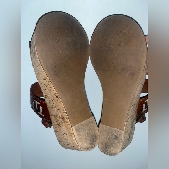 Tory burch regan burlap T logo platform wedge Leather sandals US 7M Brown​​​​​ - Picture 5 of 6